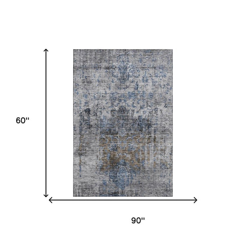 5' X 8' Blue Gray And Silver Floral Medallion Washable Area Rug With UV Protection