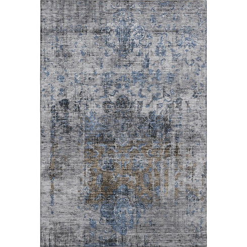 5' X 8' Blue Gray And Silver Floral Medallion Washable Area Rug With UV Protection