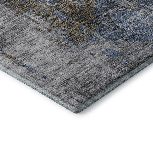 5' X 8' Blue Gray And Silver Floral Medallion Washable Area Rug With UV Protection