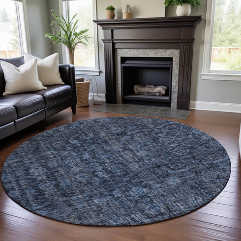 8' Blue And Charcoal Damask Washable Round Rug With UV Protection