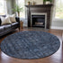 8' Blue And Charcoal Damask Washable Round Rug With UV Protection