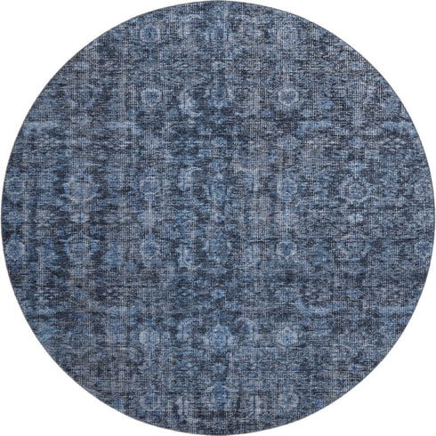 8' Blue And Charcoal Damask Washable Round Rug With UV Protection