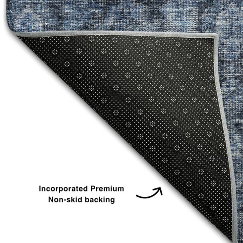 8' Blue And Charcoal Damask Washable Round Rug With UV Protection