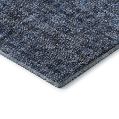 8' Blue And Charcoal Damask Washable Round Rug With UV Protection