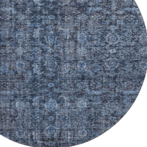 8' Blue And Charcoal Damask Washable Round Rug With UV Protection