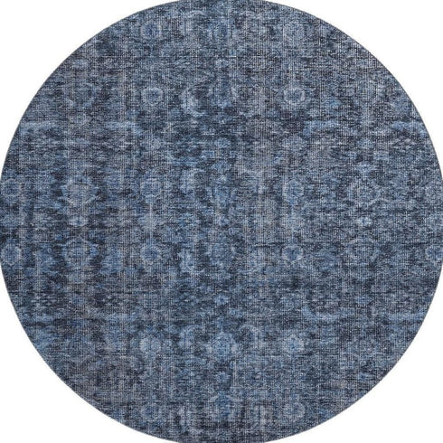 8' Blue And Charcoal Damask Washable Round Rug With UV Protection