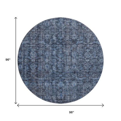 8' Blue And Charcoal Damask Washable Round Rug With UV Protection