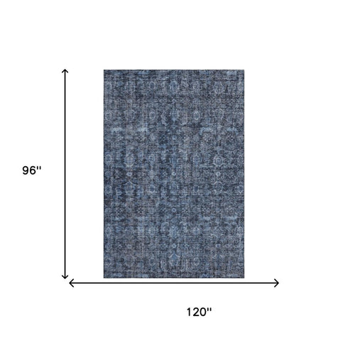 8' X 10' Blue And Charcoal Damask Washable Area Rug With UV Protection