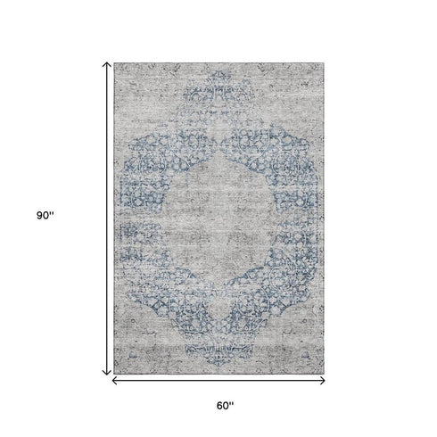 5' X 8' Blue And Beige Medallion Washable Area Rug With UV Protection