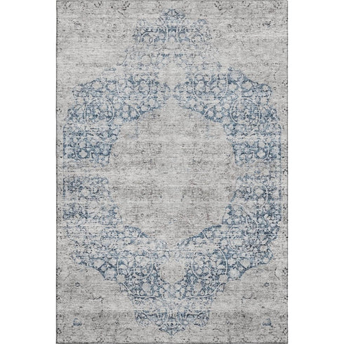 5' X 8' Blue And Beige Medallion Washable Area Rug With UV Protection