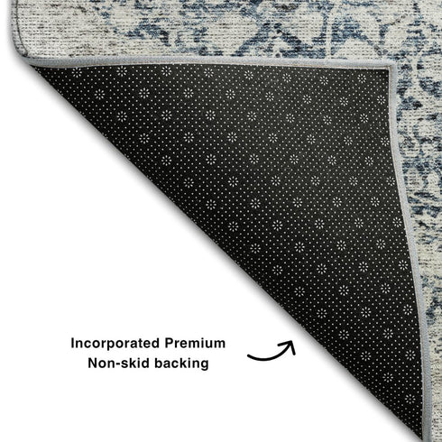 5' X 8' Blue And Beige Medallion Washable Area Rug With UV Protection