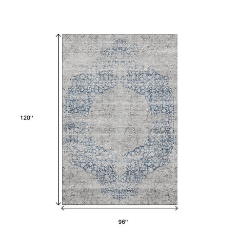 8' X 10' Blue And Beige Medallion Washable Area Rug With UV Protection