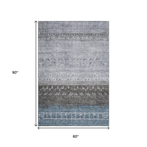 5' X 8' Blue Brown And Silver Geometric Washable Area Rug With UV Protection