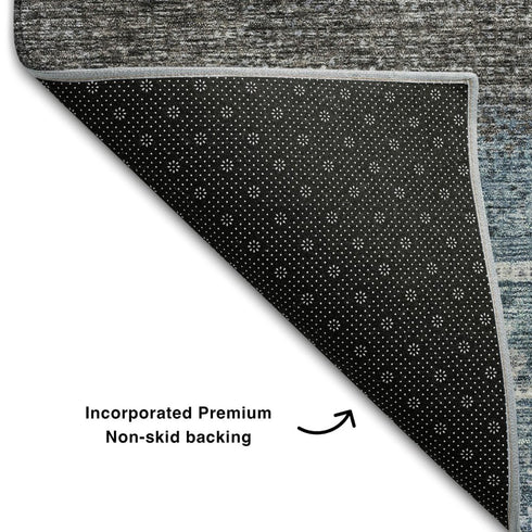 5' X 8' Blue Brown And Silver Geometric Washable Area Rug With UV Protection