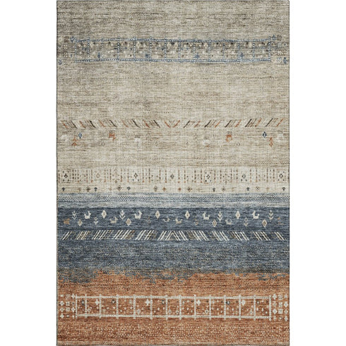 5' X 8' Brown Beige And Navy Blue Geometric Washable Area Rug With UV Protection