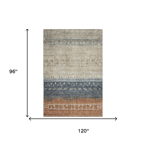 8' X 10' Brown Beige And Navy Blue Geometric Washable Area Rug With UV Protection