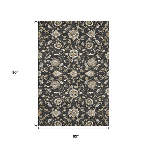 5' X 8' Black Ivory And Gray Moroccan Washable Area Rug With UV Protection