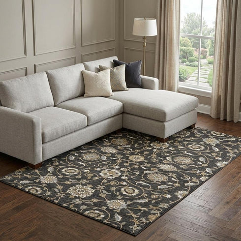 8' X 10' Black Ivory And Gray Moroccan Washable Area Rug With UV Protection