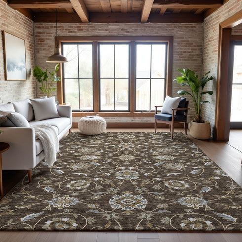 9' X 12' Chocolate Ivory And Gray Moroccan Washable Area Rug With UV Protection