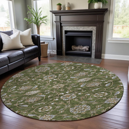 8' Olive Green Gray And Beige Moroccan Washable Round Rug With UV Protection