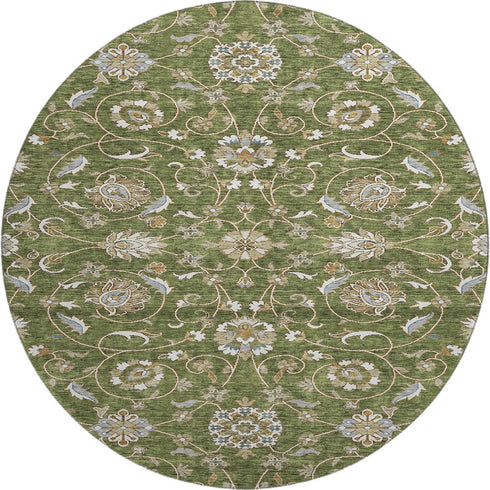 8' Olive Green Gray And Beige Moroccan Washable Round Rug With UV Protection