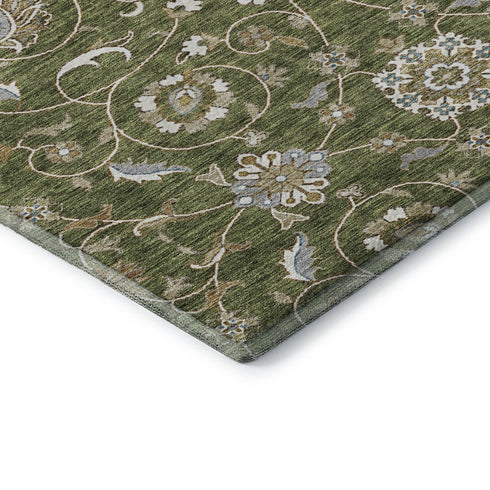 8' Olive Green Gray And Beige Moroccan Washable Round Rug With UV Protection