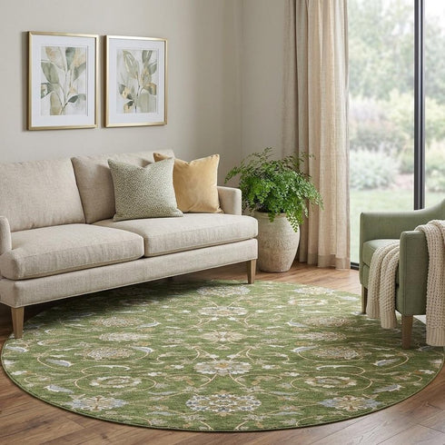 8' Olive Green Gray And Beige Moroccan Washable Round Rug With UV Protection