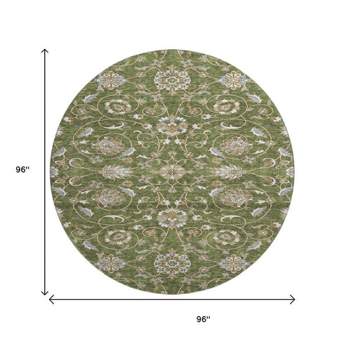 8' Olive Green Gray And Beige Moroccan Washable Round Rug With UV Protection