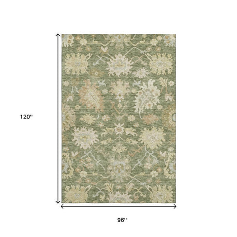 8' X 10' Artichoke Green Beige And Copper Floral Medallion Washable Area Rug With UV Protection