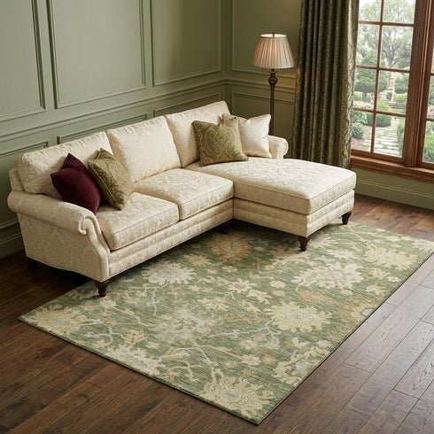 8' X 10' Artichoke Green Beige And Copper Floral Medallion Washable Area Rug With UV Protection