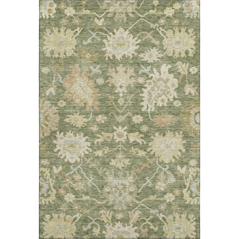 8' X 10' Artichoke Green Beige And Copper Floral Medallion Washable Area Rug With UV Protection