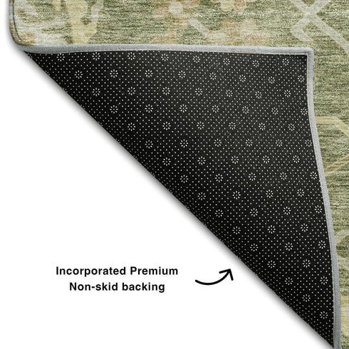 8' X 10' Artichoke Green Beige And Copper Floral Medallion Washable Area Rug With UV Protection