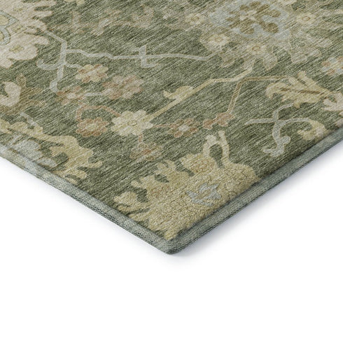 8' X 10' Artichoke Green Beige And Copper Floral Medallion Washable Area Rug With UV Protection