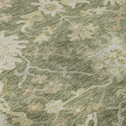 8' X 10' Artichoke Green Beige And Copper Floral Medallion Washable Area Rug With UV Protection