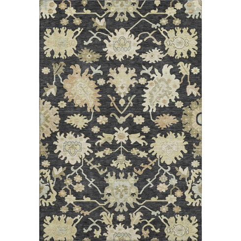 5' X 8' Black Beige And Gold Floral Medallion Washable Area Rug With UV Protection