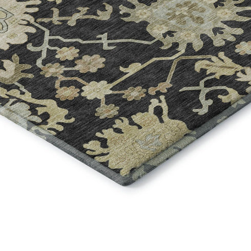5' X 8' Black Beige And Gold Floral Medallion Washable Area Rug With UV Protection