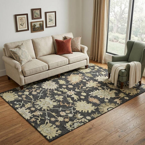 5' X 8' Black Beige And Gold Floral Medallion Washable Area Rug With UV Protection