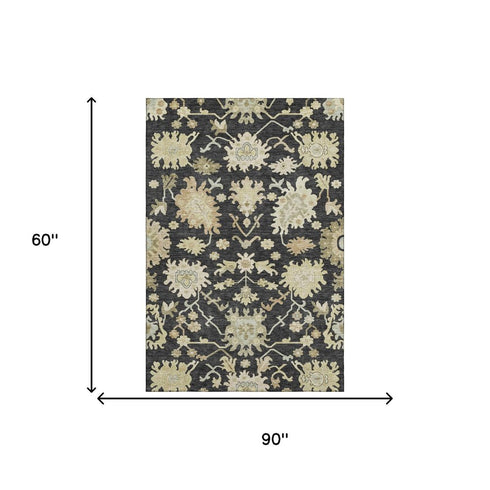 5' X 8' Black Beige And Gold Floral Medallion Washable Area Rug With UV Protection