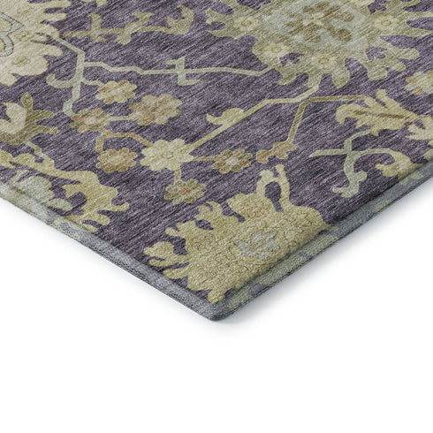 5' X 8' Eggplant Beige And Sage Floral Medallion Washable Area Rug With UV Protection