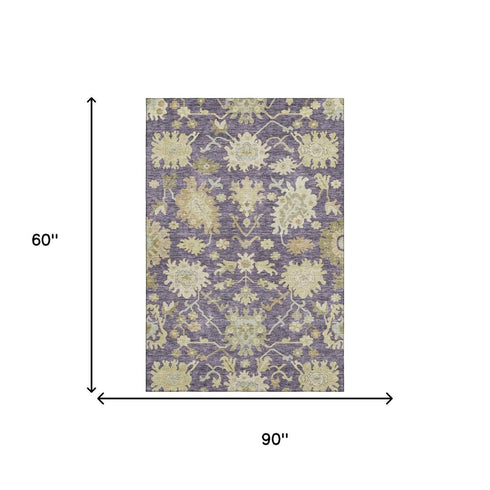 5' X 8' Eggplant Beige And Sage Floral Medallion Washable Area Rug With UV Protection