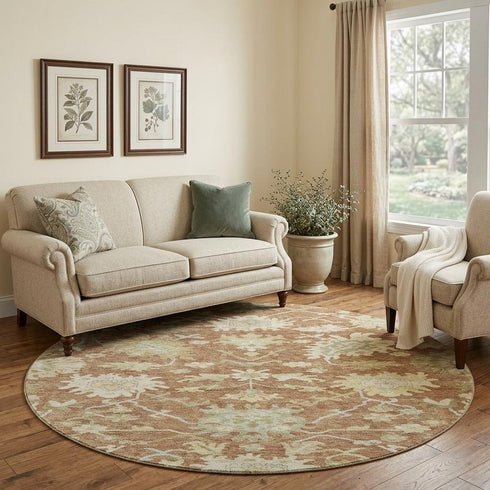 8' Rust Ivory And Beige Floral Medallion Washable Round Rug With UV Protection