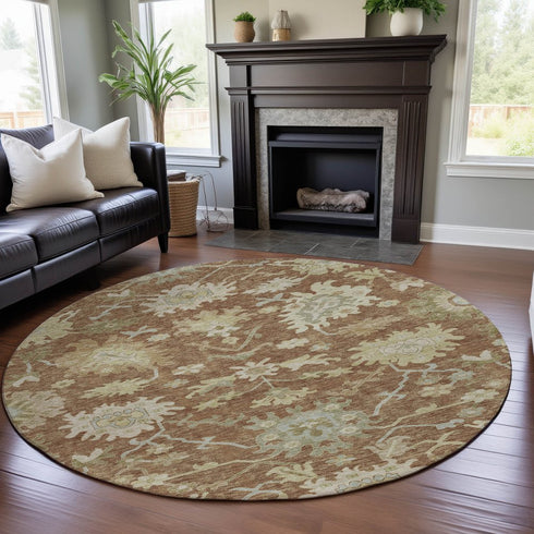 8' Rust Ivory And Beige Floral Medallion Washable Round Rug With UV Protection