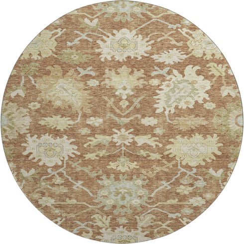 8' Rust Ivory And Beige Floral Medallion Washable Round Rug With UV Protection