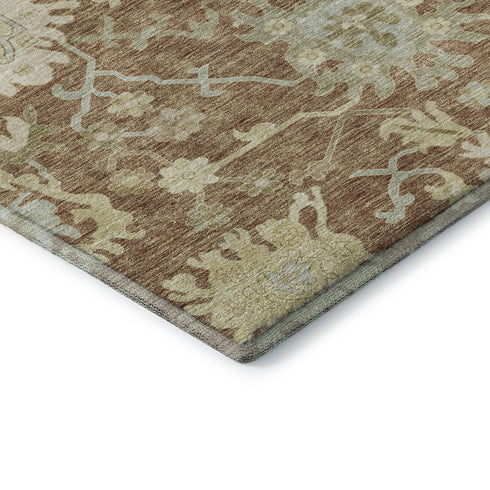 8' Rust Ivory And Beige Floral Medallion Washable Round Rug With UV Protection