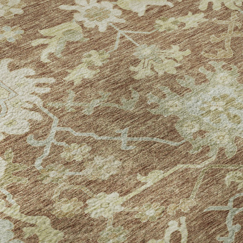 8' Rust Ivory And Beige Floral Medallion Washable Round Rug With UV Protection