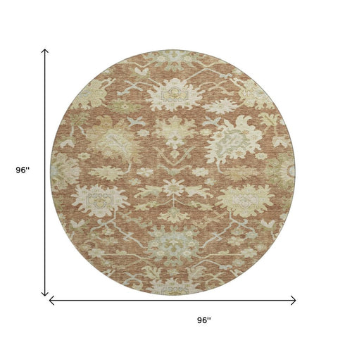 8' Rust Ivory And Beige Floral Medallion Washable Round Rug With UV Protection