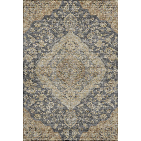 5' X 8' Charcoal Copper And Gray Floral Medallion Washable Area Rug With UV Protection