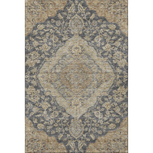 5' X 8' Charcoal Copper And Gray Floral Medallion Washable Area Rug With UV Protection