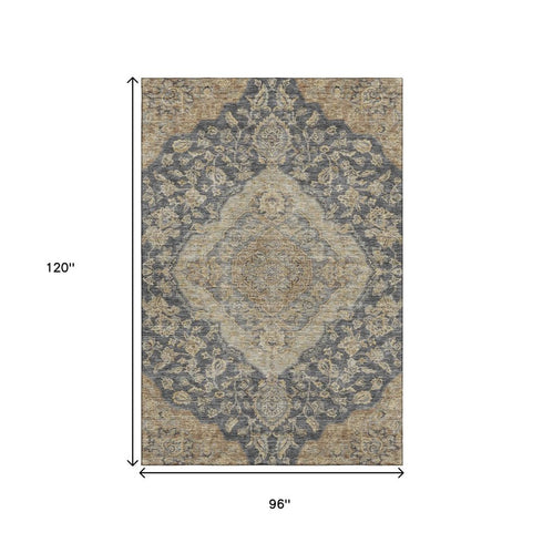 8' X 10' Charcoal Copper And Gray Floral Medallion Washable Area Rug With UV Protection