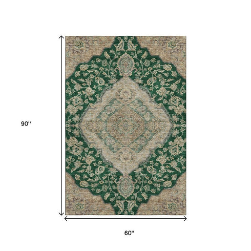 5' X 8' Emerald Beige And Taupe Floral Medallion Washable Area Rug With UV Protection